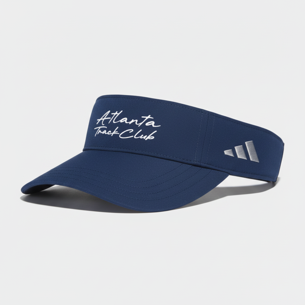 Navy visor with 'Atlanta Track Club' text on a white background