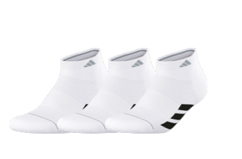 Three white socks with black stripes on a white background