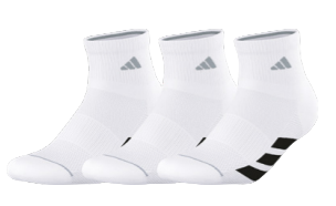 Three white socks with black stripes and Adidas logo on a white background