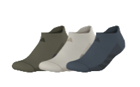 Three pairs of socks in green, gray, and blue on a white background