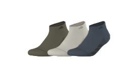 Three pairs of socks in green, white, and blue on a white background