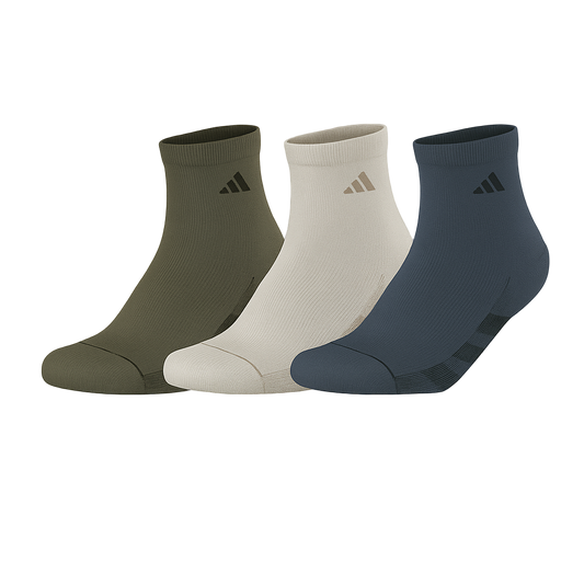Three pairs of socks in green, beige, and navy with Adidas logo on a white background.