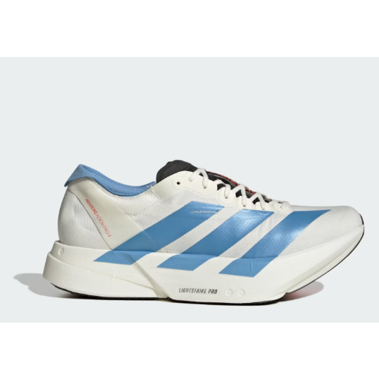 A white Adidas Lightstrike Pro running shoe with light blue three-stripes and a light blue collar, featuring a black tongue and red branding text.