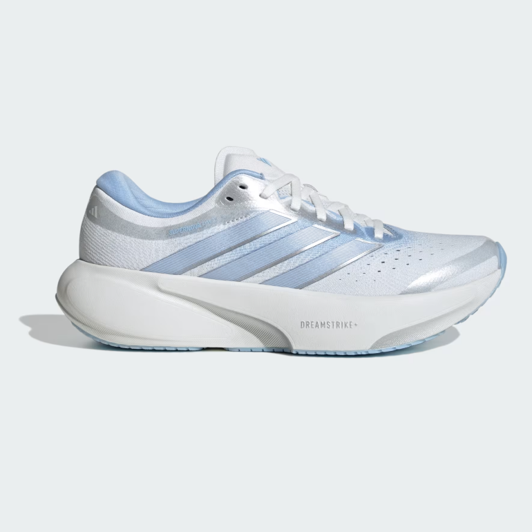 A single Adidas running shoe in white and light blue, shown from the side against a light gray background.