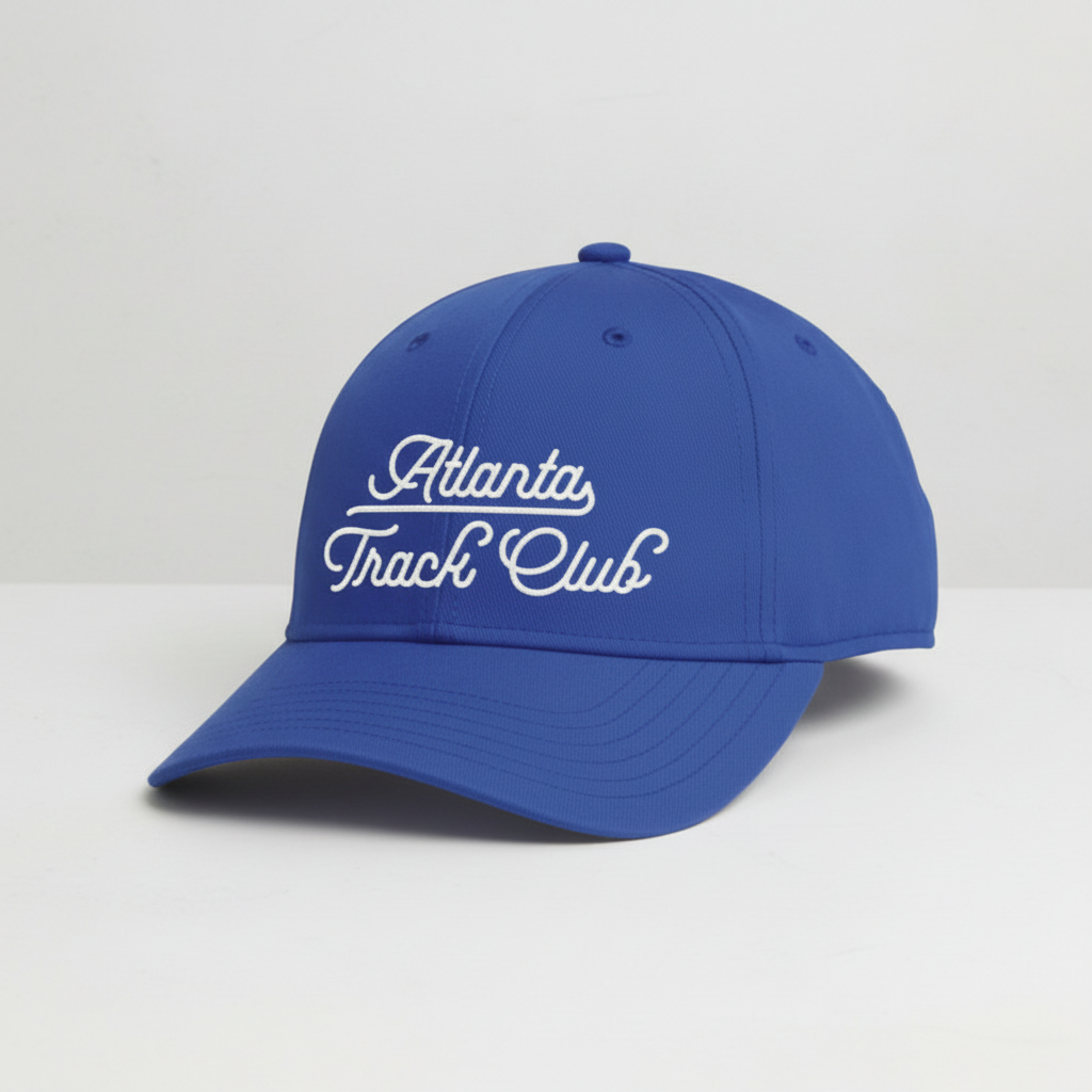 Blue cap with 'Atlanta Track Club' text on a white background