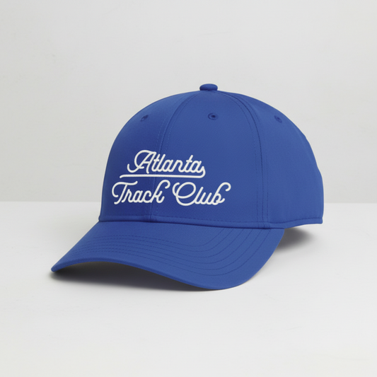 Blue cap with 'Atlanta Track Club' text on a white background