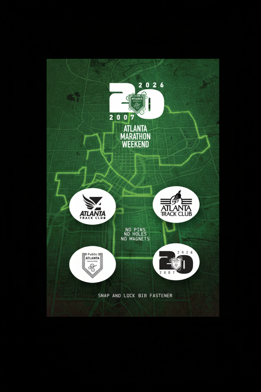 Atlanta Marathon Weekend 2026 bib with map and logos on a green background