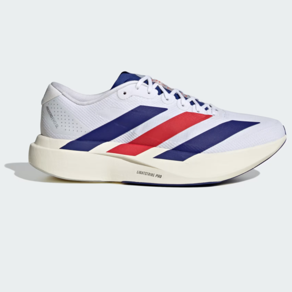 White sneaker with blue and red stripes on a white background