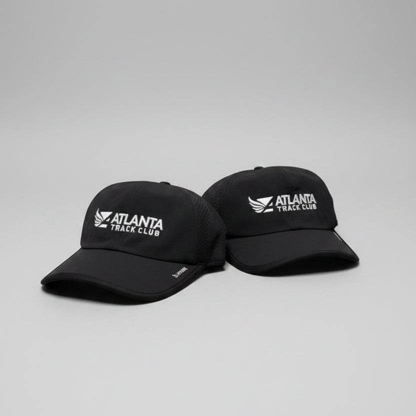 Two black hats with Atlanta Track Club logo