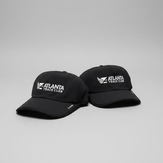 Two black hats with Atlanta Track Club logo