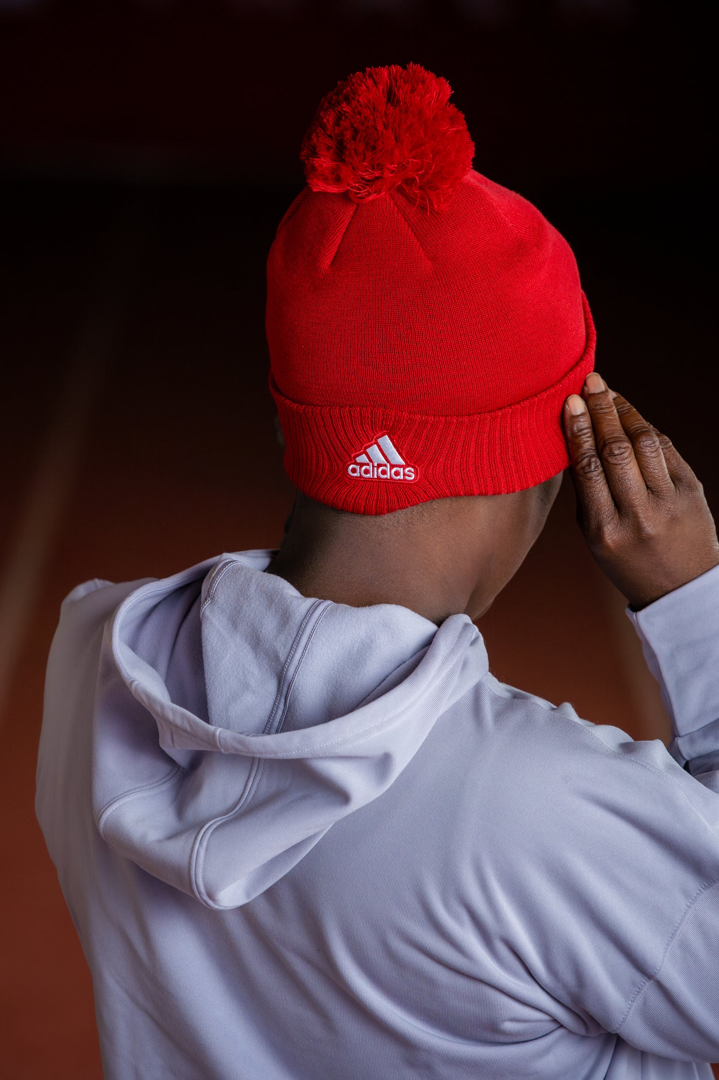 adidas Red Cuffed Pom Pom Beanie