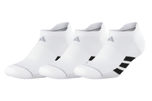 Three pairs of white socks with black stripes on a white background