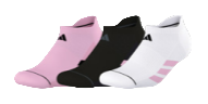 Three pairs of socks with different designs on a white background