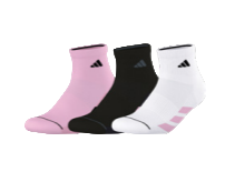 Three pairs of socks in pink, black, and white with Adidas logo on a white background