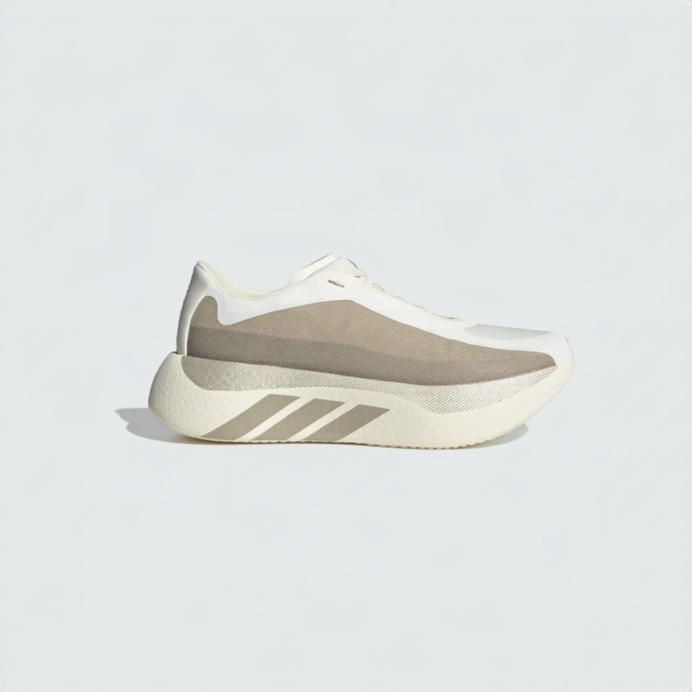 A single Adidas running shoe in off-white and beige, shown from a side profile against a light gray background.