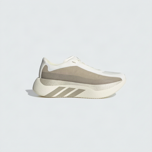 A single Adidas running shoe in off-white and beige, shown from a side profile against a light gray background.