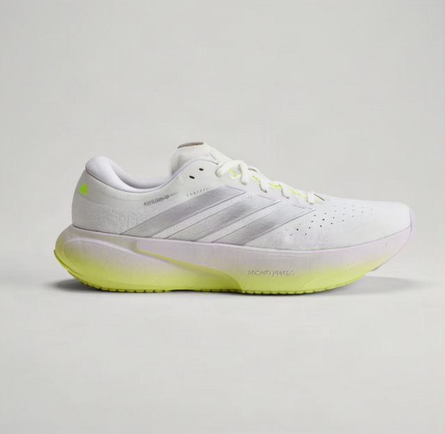 A single Adidas running shoe in white with a translucent gradient midsole transitioning from white to neon yellow, shown against a light gray studio background.