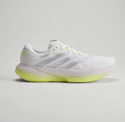 A single Adidas running shoe in white with a translucent gradient midsole transitioning from white to neon yellow, shown against a light gray studio background.
