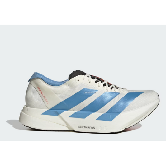 A white Adidas Lightstrike Pro running shoe with light blue three-stripes and a light blue collar, featuring a black tongue and red branding text.