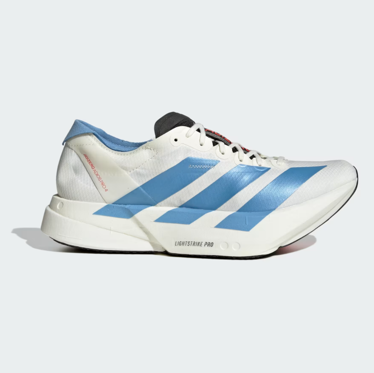 A white Adidas Lightstrike Pro running shoe with light blue stripes and a light blue collar, shown from a side profile on a light gray background.