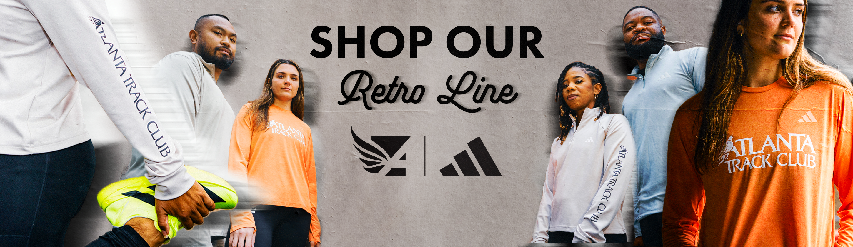 Promotional banner for Atlanta Track Club retro line with people wearing club attire against a gray background.
