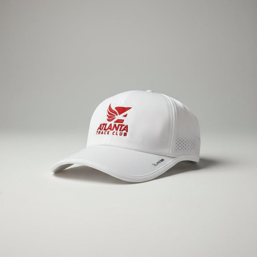 White Atlanta Track Club hat. Square Atlanta track club logo. 