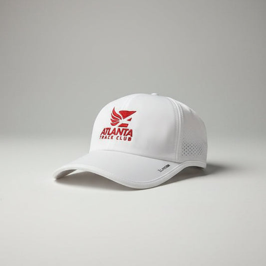 White Atlanta Track Club hat. Square Atlanta track club logo. 